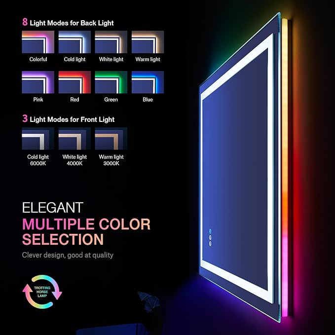 LOAAO 24"X32" LED Bathroom Mirror with Lights, Anti-Fog, Dimmable, RGB Backlit + Front Lighted, Bathroom Vanity Mirror for Wall, Memory Function, Shatter-Proof, Tempered Glass