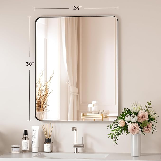 Black Bathroom Mirror 24X30 Inch Bathroom Vanity Mirror for Wall, Metal Frame Large Mirror, Tempered Glass, Modern Wall Mirror for Bathroom, Farmhouse, Horizontally or Vertically Hanging