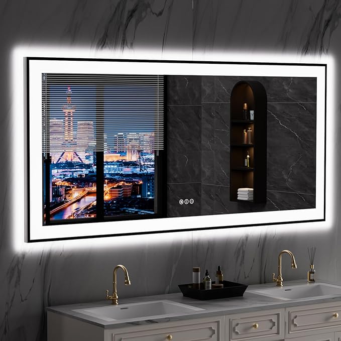 LOAAO 60"X28" LED Bathroom Mirror Black Framed, Anti-Fog, Dimmable, Lighted Bathroom Vanity Mirror for Wall, Memory Function, Tempered Glass