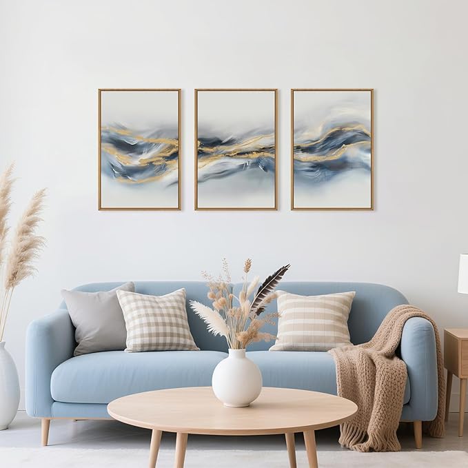 Large Abstract Navy Blue Gold Framed Canvas Wall Art,Watercolor Brush Stroke Wall Decor,Neutral Geometric Wave Artwork,Modern Minimalist Shape Art Print for Living Room,Bedroom,Office-24"x36"x3