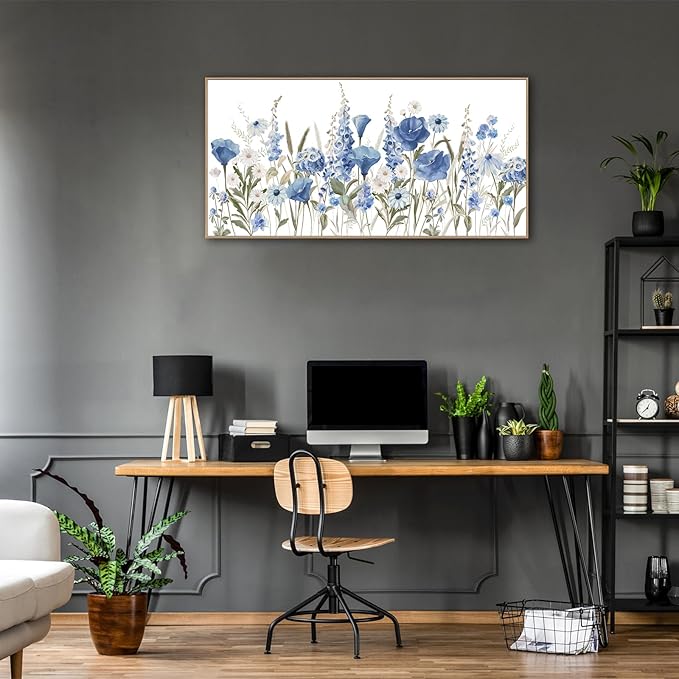arteWOODS Elegant Flowers Framed Wall Art - Blue White Botanical Pictures for Wall Decor Floral Blossom Canvas Painting Print Artwork for Living Room Bedroom Home Office Wall Decoration 20" x 40"