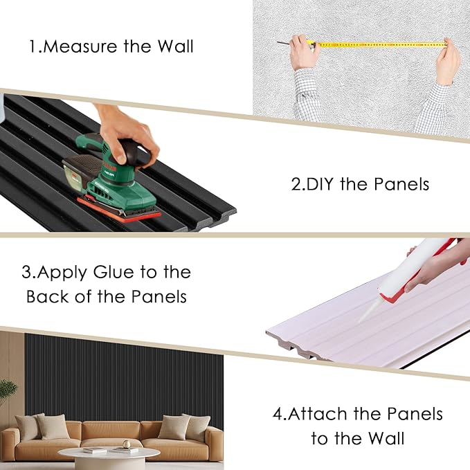 8-Pack 3D Slat Wall Panels — Soundproof Faux Wood Wall Panels for Interior Décor, 48.2" x 6.3", Modern Wall Cladding for Living Room, Bedroom, Office — Black Finish