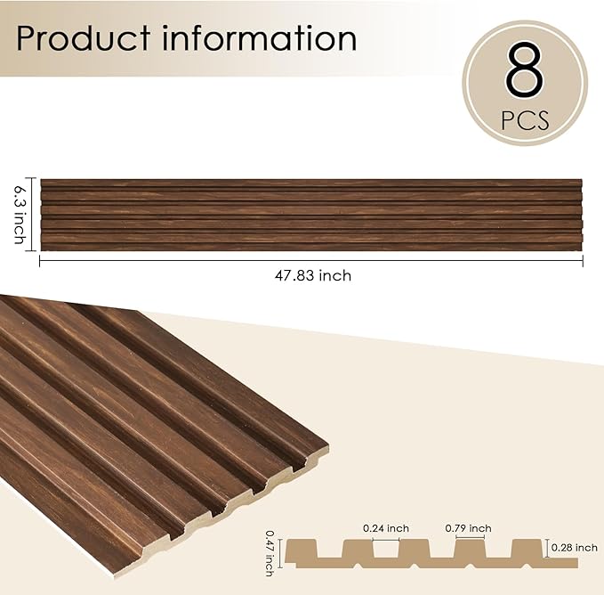 8-Pack 3D Slat Wall Panels — Soundproof Faux Wood Wall Panels for Interior Décor, 48.2" x 6.3", Modern Wall Cladding for Living Room, Bedroom, Office — Walnut Finish
