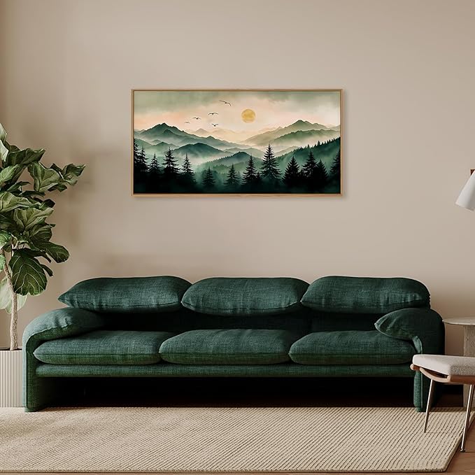 Ausril Misty Forest Framed Canvas Wall Art Set, Boho Mountain Landscape Wall Decor, Pine Tree Wall Painting, Nature Sunrise Art Prints for Living Room, Bedroom, Dining Room, Office - Large 20"x40"x1