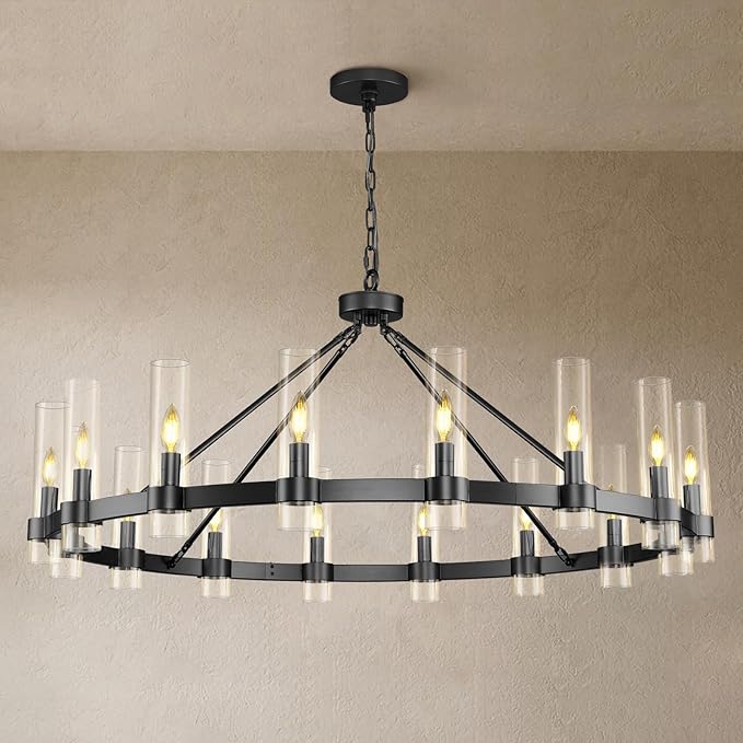 Black Wagon Wheel Chandelier, 48" Modern Chandeliers with Glass Shade, 16-Light Large Chandelier for High Ceiling, Farmhouse Chandeliers for Dining Room, Living Room, Foyer, Stairway(Bulbs Included)