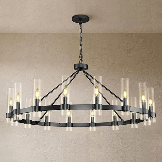 Black Wagon Wheel Chandelier, 48" Modern Chandeliers with Glass Shade, 16-Light Large Chandelier for High Ceiling, Farmhouse Chandeliers for Dining Room, Living Room, Foyer, Stairway(Bulbs Included)