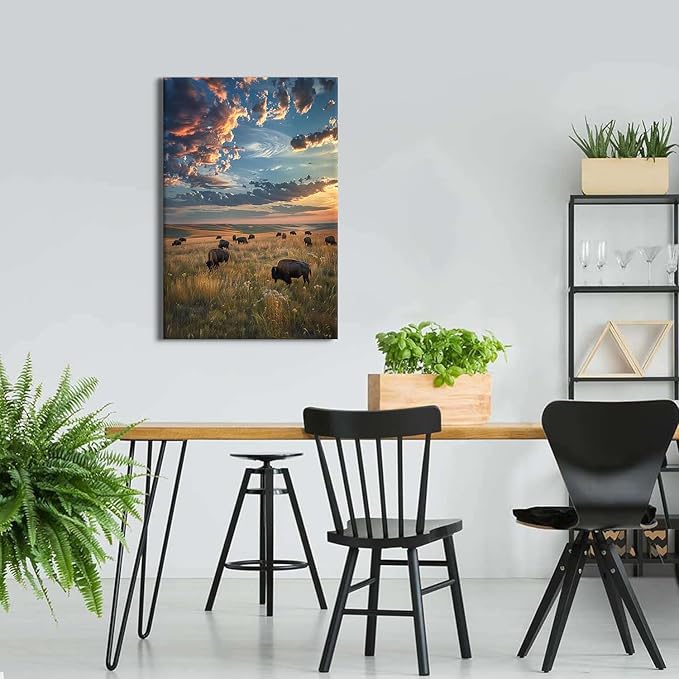 Large Landscape Wall Art Cow Pictures Wall Decor Tallgrass Prairie Scenic Canvas Prints for Living Room Decor Sunset Nature Scenery Poster Bisons Painting Artwork for Office Home Decorations 24x36"