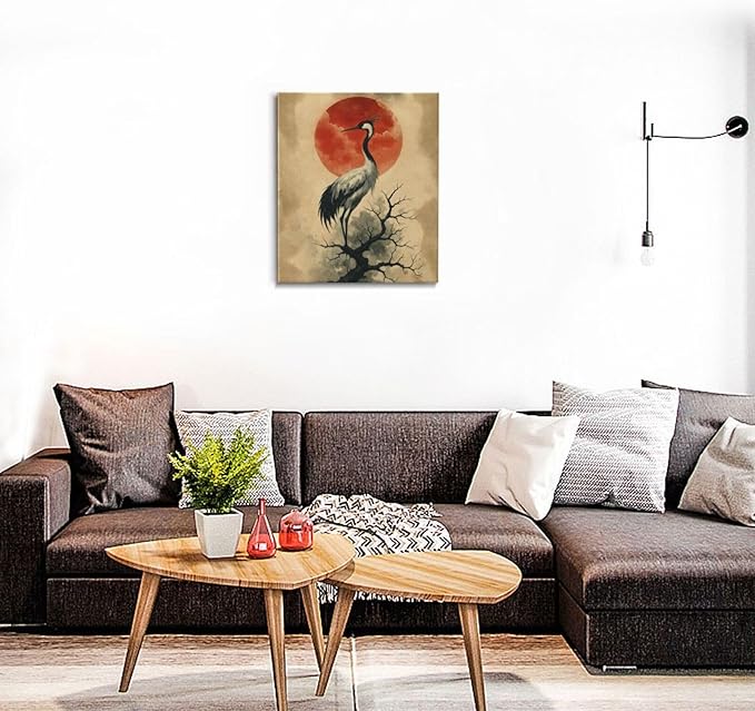 Japanese Crane Wall Art Oriental Asian Wall Decor Sandhill Crane Canvas Pictures Paintings Prints Japan Traditional Aesthetic Artwork Framed Chinese Decorations For Bedroom Living Room Office Gifts 20" x 24"