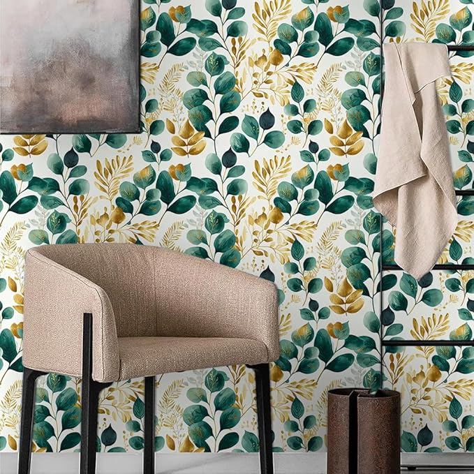 Modern Watercolor Green Golden White Plants Leaf Botanical Peel and Stick Wallpaper Wall Decor Self Adhesive Wall Paper Stick on Easy Peel Off Contact for Renter Apartment