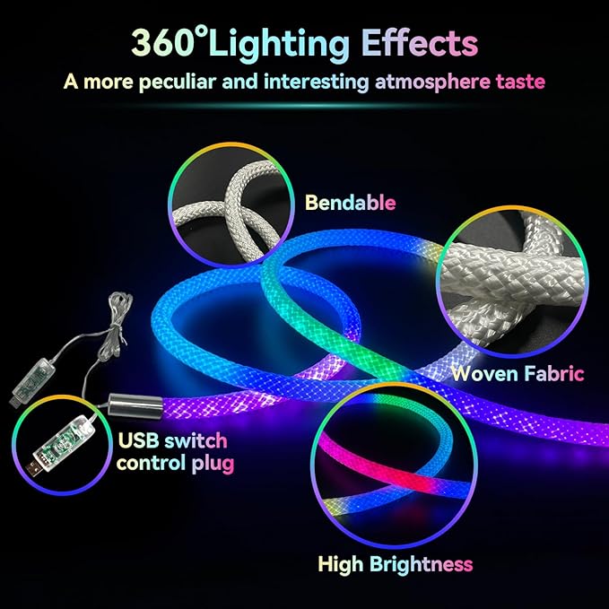 9.84ft Neon LED Rope Lights, 360 Led Light Strip Waterproof Strip with Music Sync,Remote & APP Control,USB-Powered Flexible Lighting for Indoor/Outdoor Gaming Room,Bedroom, and Wall Decor