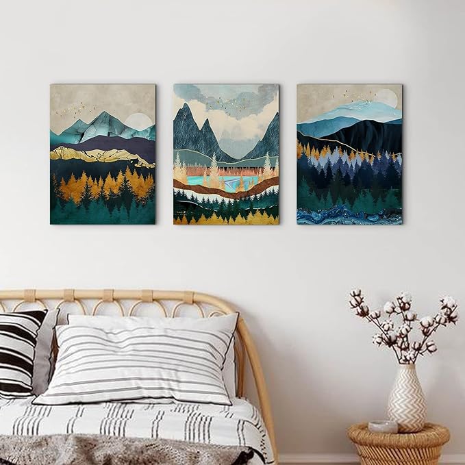 Abstract Mountain Wall Art Boho Nature Pictures for Living Room Watercolor Forest Landscape Wall Decor Nordic Painting Canvas Prints Modern Geometric Artwork Bedroom Bathroom Home Decoration 12x16" 3P