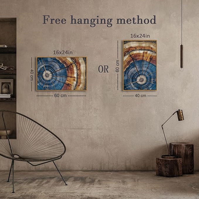 BingruiArt Framed Tree Ring Canvas Wall Art Abstract Wood Wall Decor Boho Modern Colorful Nature Painting Wood Stump Prints Pictures for Living Room Bedroom Bathroom Office 16"x24" Natural Framed(02)