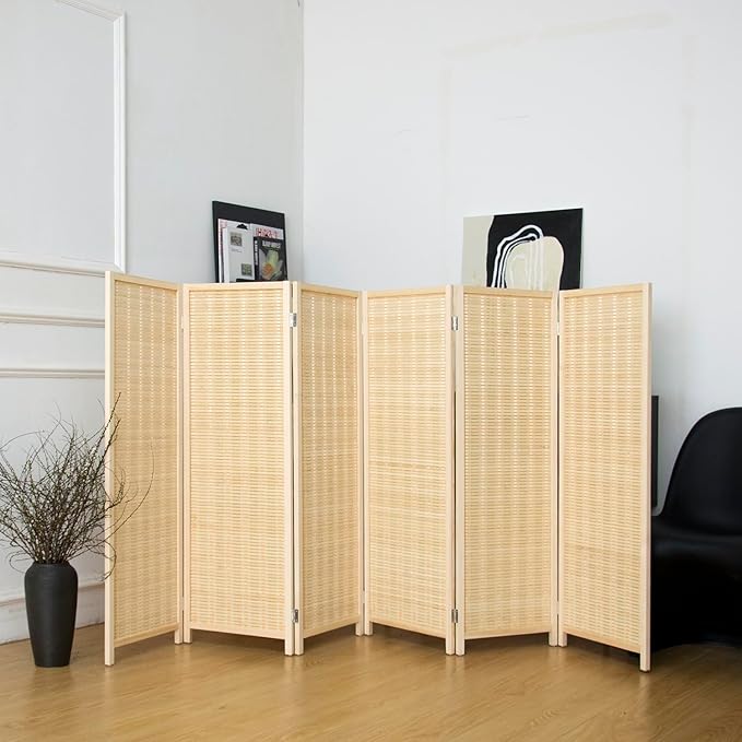 6 Panel Short Panel Divider Screen,3.95 FT Tall Bamboo Room Divider Folding Privacy Screen,Short Panel Divider Freestanding Room Divider for Room Seperation,Beige