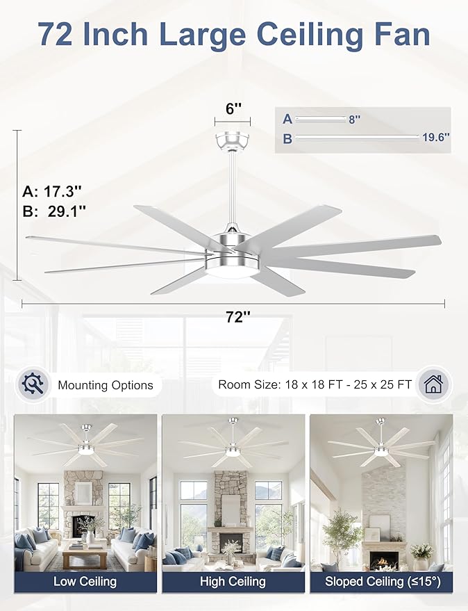 72'' Silver Ceiling Fans with Lights, 8 Blades Large Ceiling Fan Remote/APP Control, Dimmable, Silent Big Ceiling Fan for Indoor/Covered Outdoor