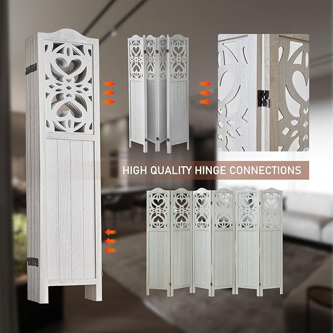 6 Panel Room Divider Fully Assembled, Carved Room Dividers and Folding Screens, 5.6Ft Wood Room Divider Screen Freestanding Partition Wall Dividers for Home Bedroom Office, Rustic White