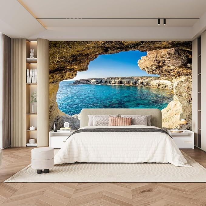 Cave Scenery Removable Decor Paintings, Sky Ocean Peel and Stick Wall Mural 3D Wallpaper for Bedroom Living Room Children's Room Sofa Background Wall,99" W x 66" H