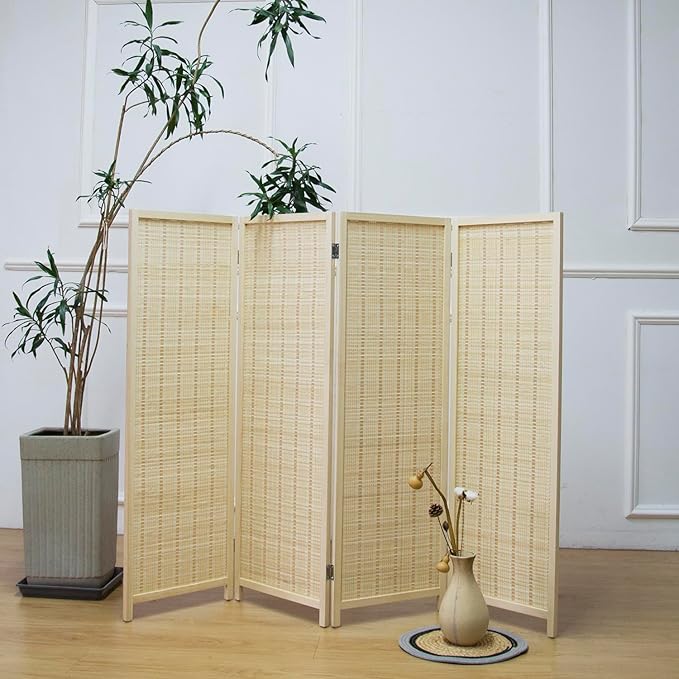 4 Panel Room Divider Short Folding Screen Divider,Double Sided Bamboo Divider Screen for Room Separation,Beige,47.2" H x 61.4" W