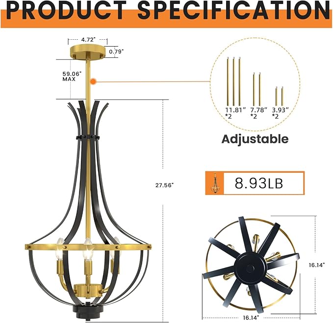 Black and Gold Chandelier, 6-Light Dining Room Light Fixture, Farmhouse Kitchen Island Lighting, Modern Kitchen Chandeliers Over Table, Hanging Pendant Lights for Bedroom, Foyer, Staircase, Entry