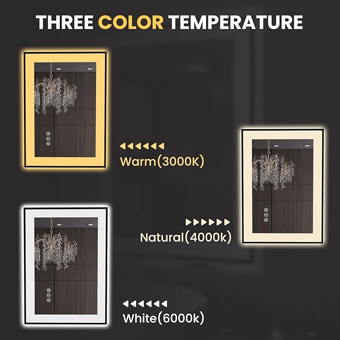 LOAAO 20"X28" LED Bathroom Mirror Black Framed, Anti-Fog, Dimmable, Lighted Bathroom Vanity Mirror for Wall, Memory Function, Tempered Glass