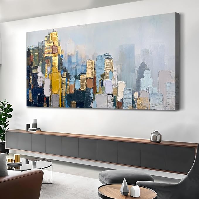 Arjun Neutral Wall Art Painting Oversize Abstract Art Wall Decor Canvas, Textured Skyline for Living Room Gold Painting Modern Artwork for Men Bedroom Cityscape Home Office Wall Decor, 58"x 29"