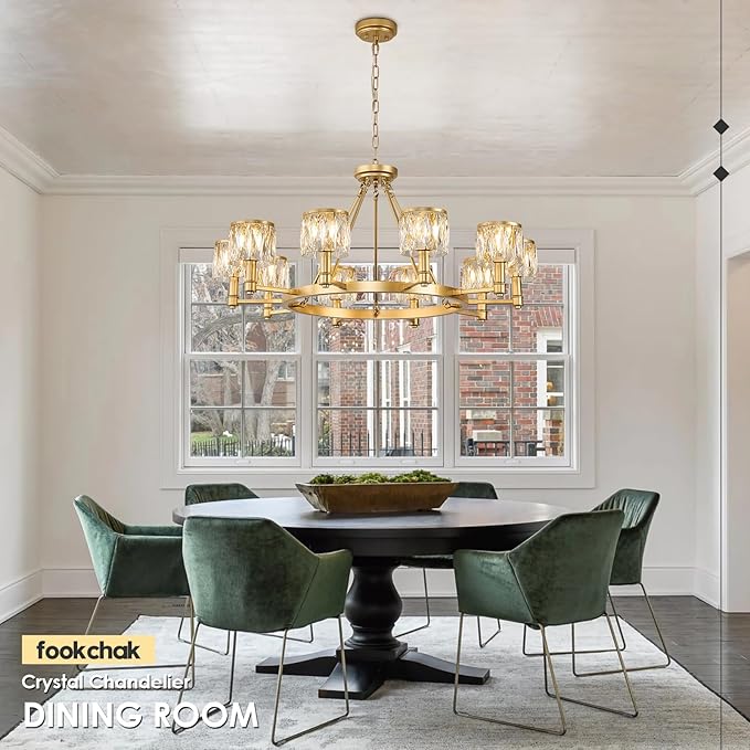 10-Light Crystal Glass Chandelier Round 38" Gold Wagon Wheel Chandelier Modern Crystal Entry Light Fixture with Adjustable Chain for Dining Room Foyer Bedroom