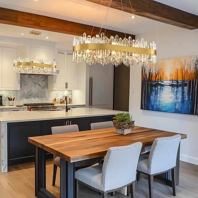 Modern Crystal Chandelier, 16-Lights 2 Tiers Dining Room Chandelier Over Table, 36'' K9 Crystal Gold Rectangular Chandeliers for Kitchen Island Adjustable Long Chandeliers for Living Room