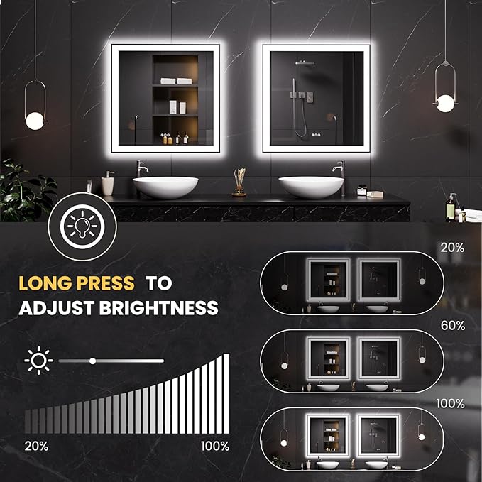 LOAAO 32"X32" LED Bathroom Mirror Black Framed, Anti-Fog, Dimmable, Lighted Bathroom Vanity Mirror for Wall, Memory Function, Tempered Glass