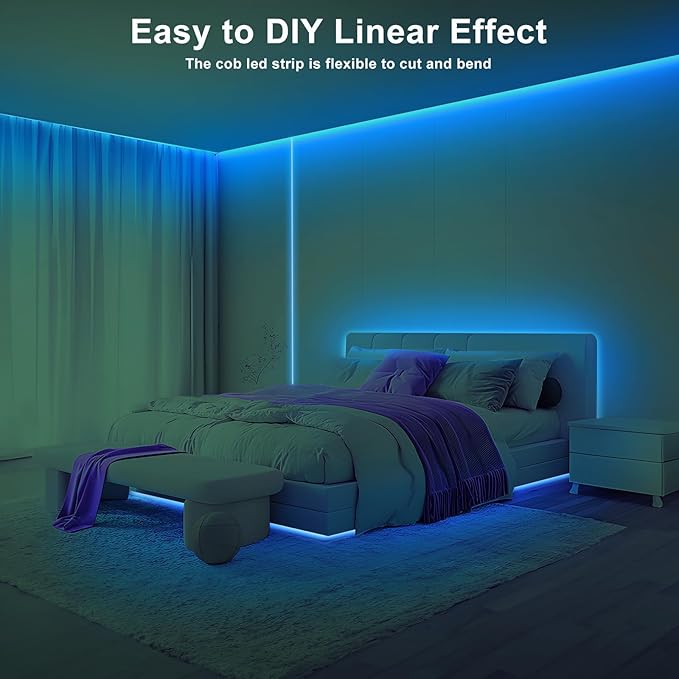 16.4ft Ice Blue COB Led Strip Lights with RF Remote, Dimmable Bright Adhesive Indoor Led COB Light Strip for Cabinet, Painting, Room, Bed