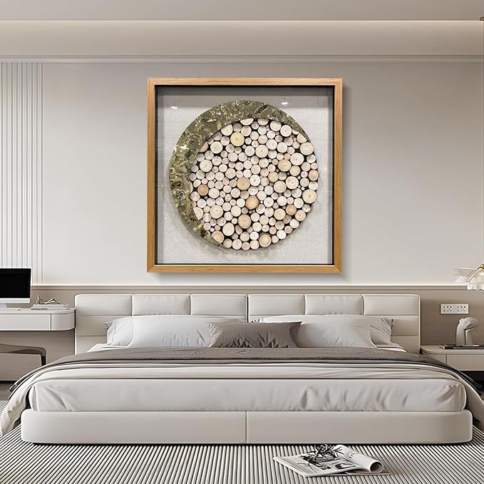 BrightA 3D Square Framed Nature Art - Gold Patina Metal Meets Circular Solid Wood Block Texture, Minimalist Contrast Wall Decor for Calming Spaces 31.5"x31.5"