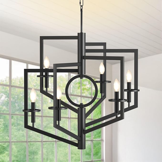 Black Chandelier, 6-Light Dining Room Light Fixtures Over Table, Farmhouse Kitchen Island Lighting, Modern Foyer Lighting Fixtures, Foyer Chandeliers for High Ceilings, for Staircase, Entryway