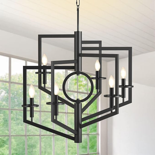 Black Chandelier, 6-Light Dining Room Light Fixtures Over Table, Farmhouse Kitchen Island Lighting, Modern Foyer Lighting Fixtures, Foyer Chandeliers for High Ceilings, for Staircase, Entryway