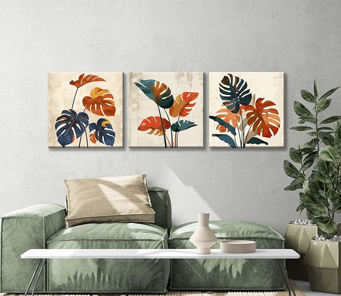 NAN Wind 3Pcs Modern Mid-century Abstract Tropical Monstera Leaf Canvas Art Orange and Blue Botanical Wall Print Minimalist Wall Decor Tropical Leaves Framed Wall Art for Contemporary Home Decor