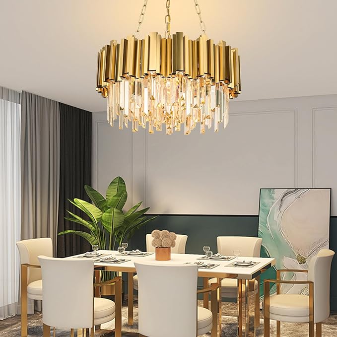 Modern Chandeliers Crystal with Light Gold Crystal Chandelier Hanging Ceiling Light Fixture 9 Lights Chandelier Modern Crystal Round Pendant Light Fixture Dining Room Living Room Bedroom W22in
