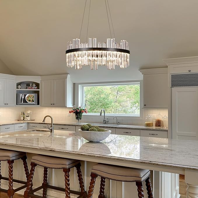 Modern Round Crystal Led Chandelier: 19.7" Black Luxury Chandeliers over Dining Table - Dimmable 3 Color Decorated Light Fixture - Elegant Drum Sparkly Chandelier for Living Room Bedroom with Remote