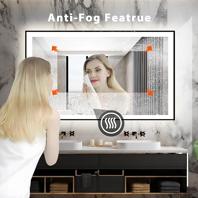 48x30 Lighted Mirrors for Bathroom Wall, Modern Rectangle Matte Black Mirror, Tempered Glass，Double Lights, 3 Colors Dimmable Temperature, IP54 Enhanced Anti-Fog, Memory (Horizontal/Vertical)
