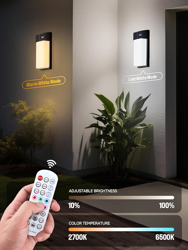 Outdoor Wall Lights 2 Pack, Smart LED RGBICWW Porch Lights Outdoor, Modern 1500LM Exterior Lighting Fixtures, IP65 Waterproof Color-Changing Wall Lamp for House, Patio, Garage, Yard