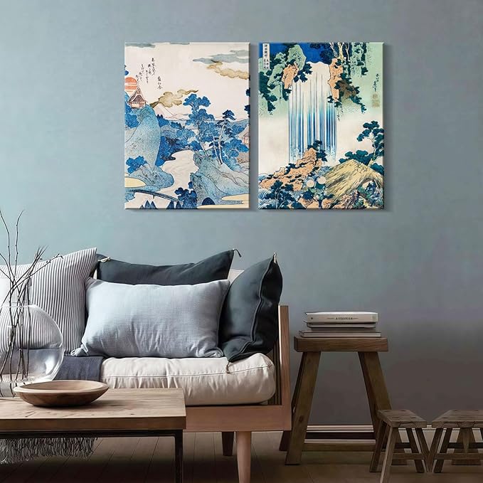 2Pcs Framed Landscape waterfall Japanese Ukiyo-e Wall Art Decor Canvas Print Picture Traditional Woodblock Print Style Poster Gallery Bedroom Living Room Office 12x16 Inch Ready to Hang