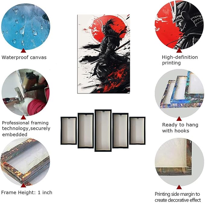 Japanese Samurai Wall Art Warrior Pictures Wall Decor Armored Samurai Painting Canvas Prints Bushido Poster Artwork Modern Home Decor Framed for Bedroom Living Room Office (18''W x 24''H)