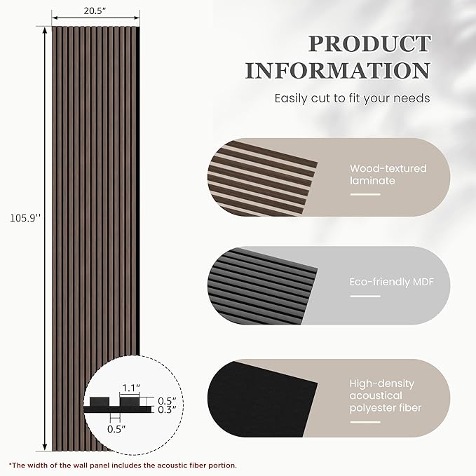 2 Pack 105.9" x 20.5" x 0.8" Acoustic Wall Panels Sound Absorbing, Wood Slat Wall Panels for Wall Decor, Soundproof Wood Wall Panels, Natural Walnut