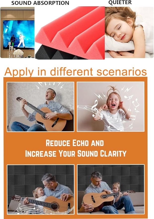 Acoustic Foams Panels 24 Pack 2" x 12"x 12" Sound Proof Foam Panels for Walls High Density and Fire Resistant Soundproofing Panels Soundproof Studio Wedges Sound Dampening Panels Black Red