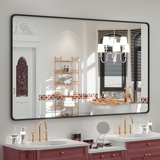 OKPAL 66X40 Inch Black Bathroom Mirror for Wall, Bathroom Vanity Frame Mirror, Matte Black Rectangle Mirror, Round Corner, Rustproof, Shatter-Proof (Horizontal/Vertical)