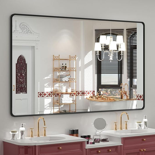 OKPAL 66X40 Inch Black Bathroom Mirror for Wall, Bathroom Vanity Frame Mirror, Matte Black Rectangle Mirror, Round Corner, Rustproof, Shatter-Proof (Horizontal/Vertical)