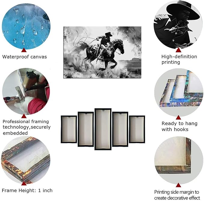 Black and White Western Cowboy Wall Art Pictures Southwestern Poster for Bedroom Living Room Office Home Decortion Prints Framed(12L" x 16W")