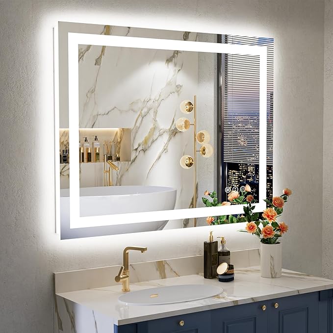 28x36 Inch LED Bathroom Mirror with Lights Front and Backlit Lighted Vanity Mirror for Bathroom Wall with 3 Colors Dimmable Anti-Fog Memory Shatter-Proof IP54 Waterproof Horizontal/Vertical