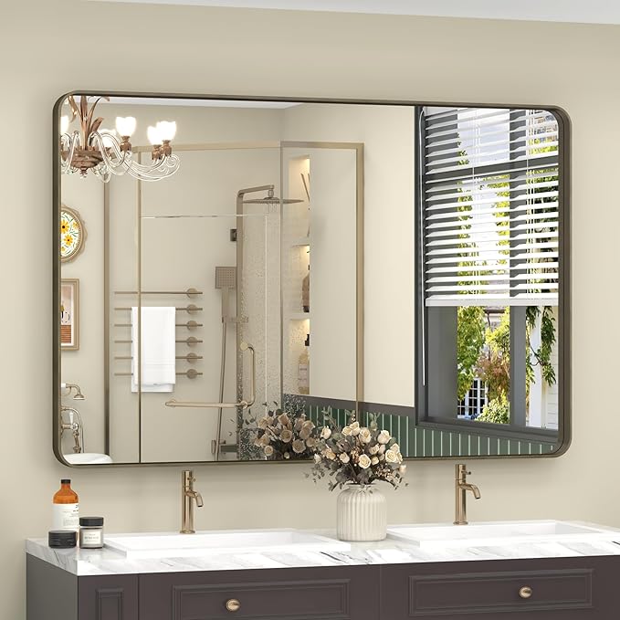 48x30 Bronze Bathroom Mirror for Wall, Brushed Bronze Metal Framed Bathroom Vanity Mirror, Rounded Rectangle Mirror, Anti-Rust, Shatterproof (Horizontal/Vertical)