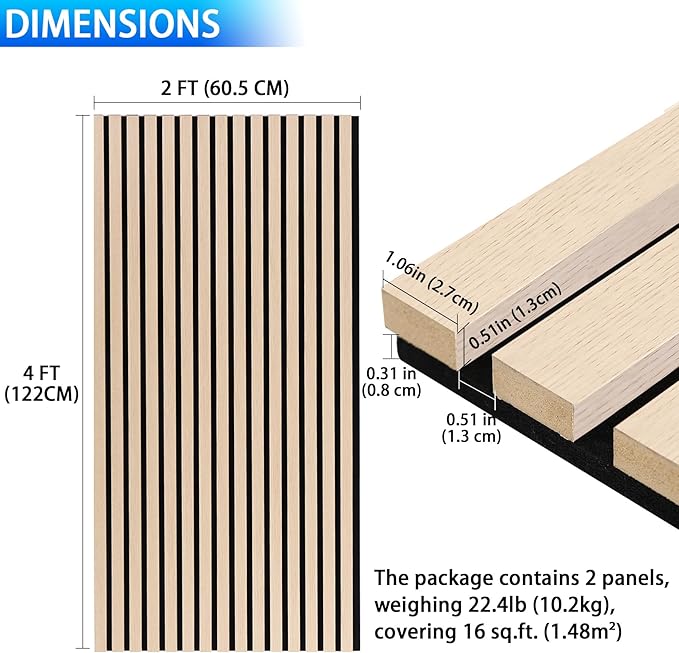 3D Slat Acoustic Wall Panels with Wood Finish Accent, 2 Pack Sound Absorbing Paneling for Studio, Office, Living Room, Bedroom Interior Decor (Natural Oak, 48''L x 24''W)