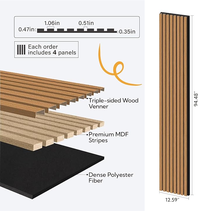 Olanglab Wood Slat Wall Panels 4 Pack, Wooden Acoustic Wall Panels, 94.5"x12.6" Each 3D Wall Panels for Interior Wall Decor (Cherry Toned-Extendo Trio)