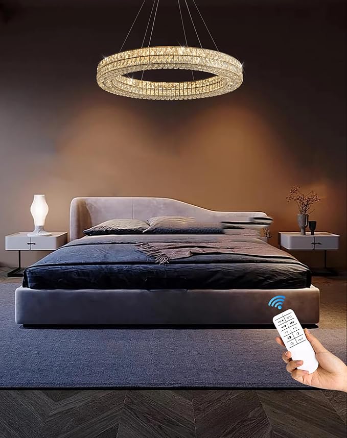 Led 24" Gold Ring Crystal Chandelier, Modern Dimmable Chandeliers Lighting and Hanging Adjustable, LED Round Ceiling Light Fixtures for Dining Room Living Room