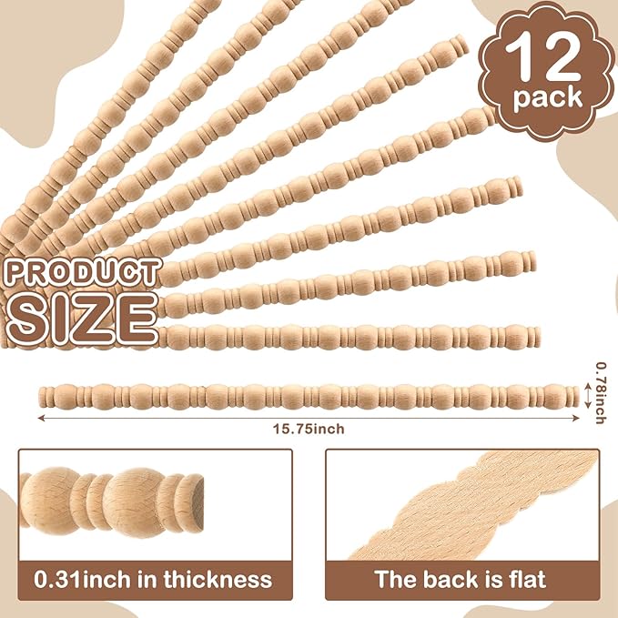 Nuanchu 12 Pcs Unfinished 3D Decorative Wood Trim Molding 15.75 Inch Decorative Wood Molding Cute DIY Trim for Home Wall Cabinet Shelf Window Door (Gourd Line,20mm)