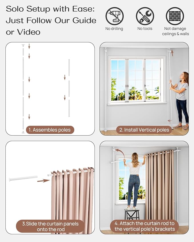 ALLZONE Partition Room Divider Curtain Rod, Adjustable Wall Divider for Room Separation, 63 to 130inch(H) & 31 to 135inch(W), No Drill, Three Mounting Options, Ideal for Creating Privacy Space, White